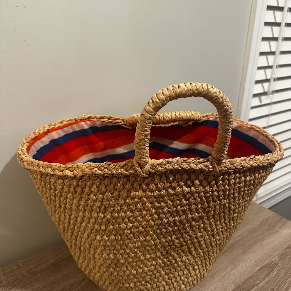 Stylish Tan Tote Bag with Red and Blue Lining